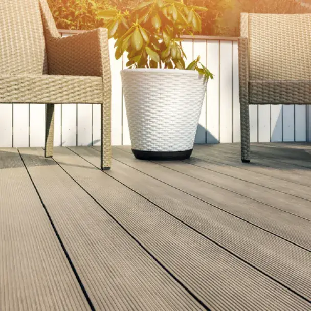 Furnished outdoor terrace with wpc wood plastic composite decking boards