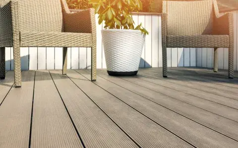 Furnished outdoor terrace with wpc wood plastic composite decking boards